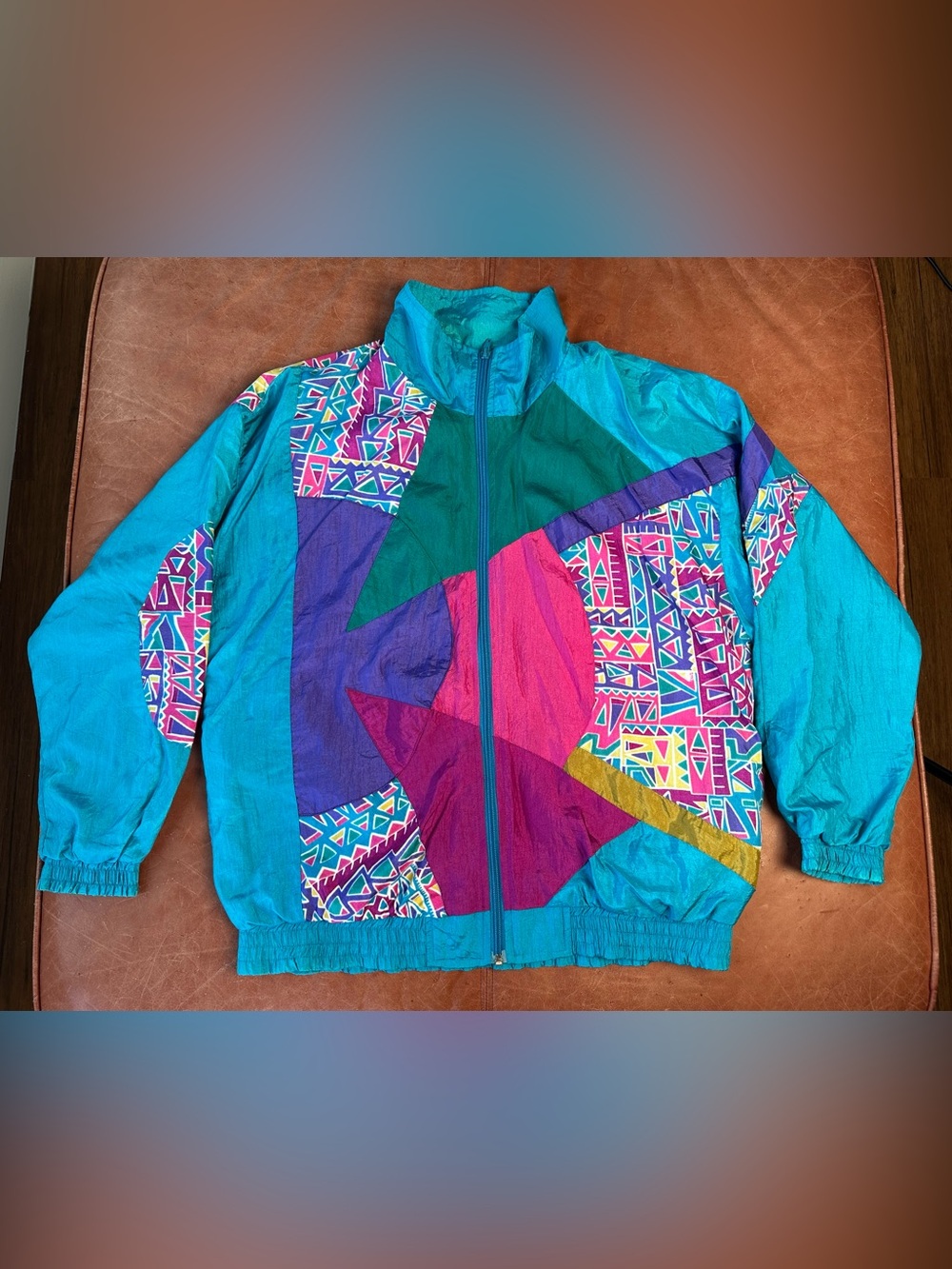 Vintage 80s Women's Blue Purple Pink Colorblock Geometric Windbreaker Jacket M